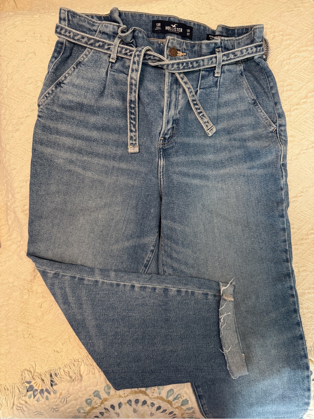 Hollister Women’s Ultra High-Rise Mom Jean Paperbag Jeans in Light Blue